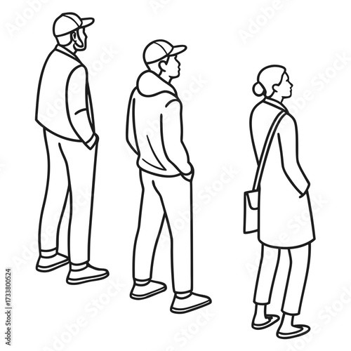 Three diverse people standing in line wearing casual clothing and hats minimalist line art illustration