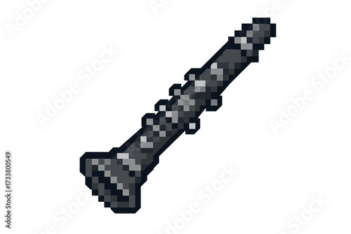 Clarinet pixel art icon. 8-bit retro video game music instrument asset. Woodwind musical instrument for orchestra or jazz band. Vector illustration on transparent background.