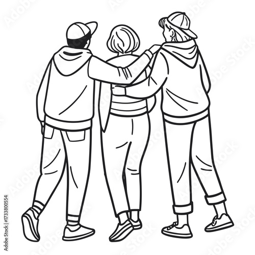 Three friends in casual clothing walking together with arms around each other s shoulders