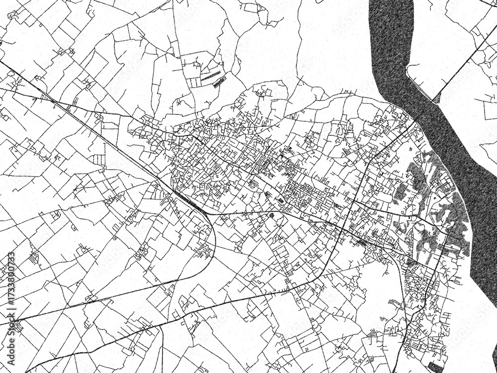 Naklejka premium Black and white illustrated map of Farrukhabad, India, with streets, rivers, and neighborhoods.