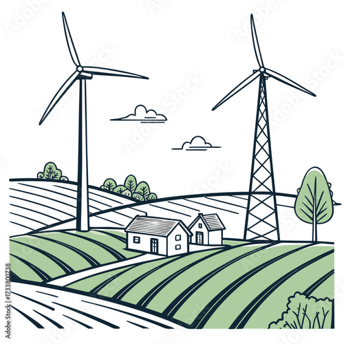 Countryside landscape with wind turbines powering rural homes and green fields under a cloudy sky