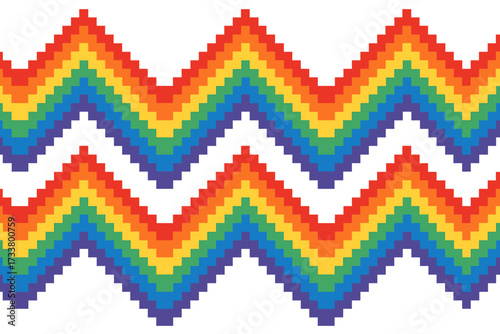 LGBTQIA+ pride month concept with pixel art rainbow. Seamless geometric zigzag pattern in pride flag colors. Vector background for gay, lesbian, and queer celebration.