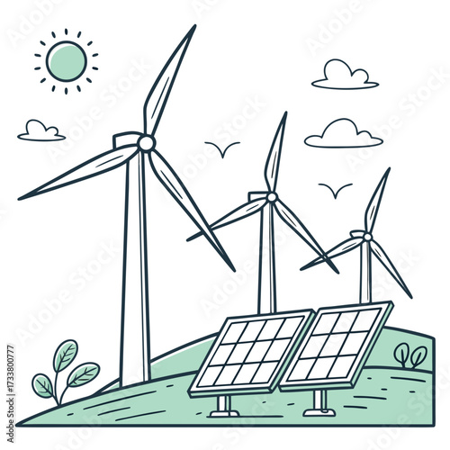 Drawn illustration of wind turbines and solar panels on a green hill under a sunny sky with clouds and birds