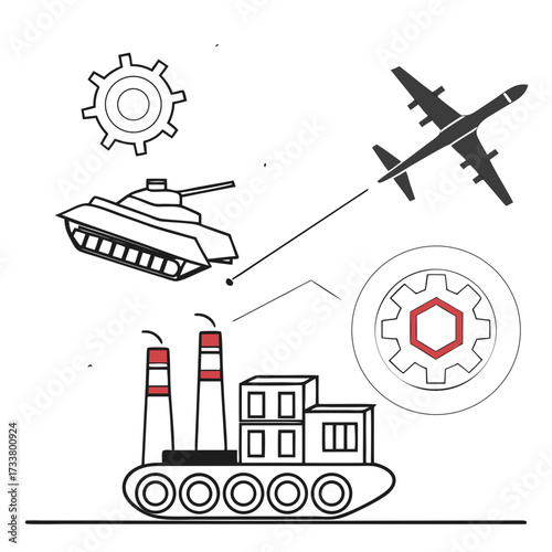 Industrial manufacturing of military vehicles and aircraft depicted with gears and factory symbols