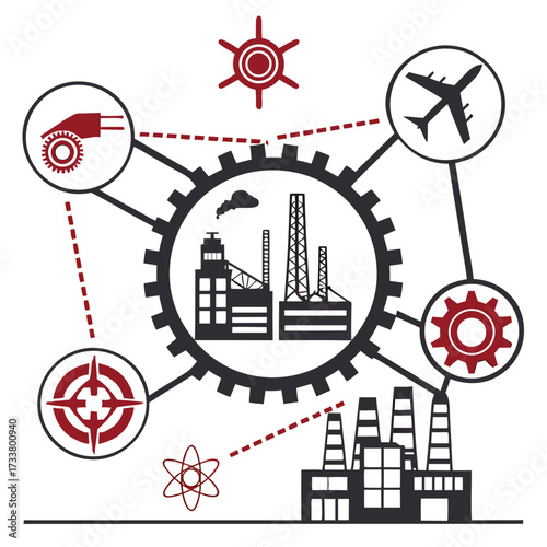Industrial network connecting factories gears airplane and atomic symbols with dotted lines