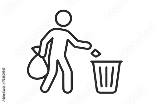 Person throwing trash in a bin. Vector line icon for waste management and recycling. Keep clean symbol. Man with rubbish sack. Garbage disposal and community cleanup concept.