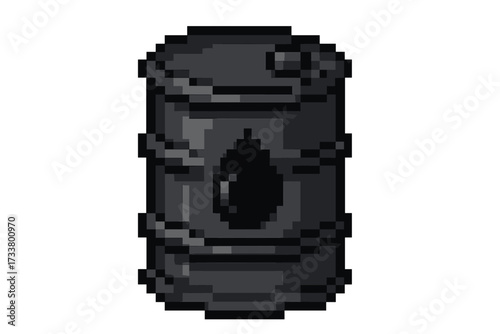 Pixel art oil barrel. Metal drum with crude petroleum drop symbol. 8 bit retro video game sprite asset. Industrial fuel container for energy resource, gasoline, pollution concept.