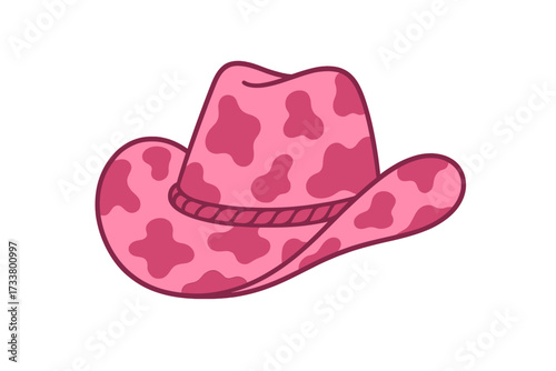 Pink cowgirl hat with cow print. Wild West fashion style. Cowboy western theme, wild west concept. Cute girly bachelorette party accessory. Hand drawn flat vector illustration.
