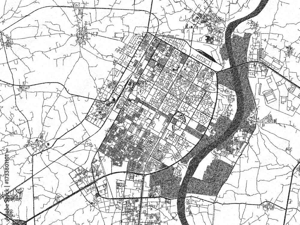 Fototapeta premium Stylized decorative city map of Gandhinagar, India, hand-drawn in black and white.
