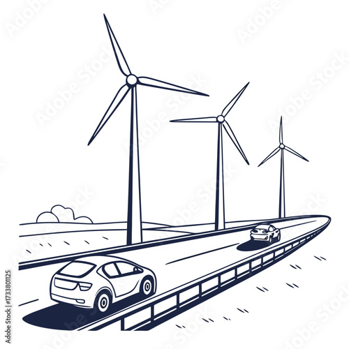 Modern electric cars drive on a highway past wind turbines generating clean energy in a rural landscape