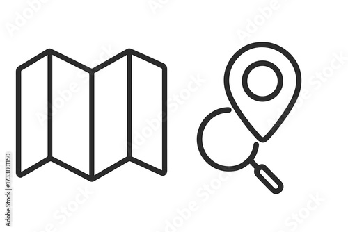 Map and location search icon set. Thin line vector icons for navigation, GPS, and travel. Includes folded map and a pin pointer with a magnifying glass for finding a destination.