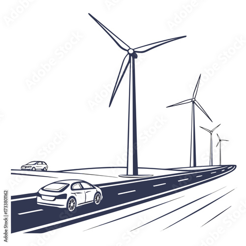Modern electric cars driving on a road towards a wind farm with multiple turbines generating clean energy
