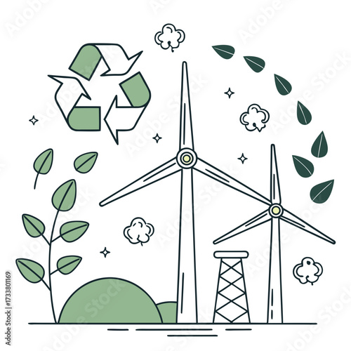 Renewable energy concept with wind turbines recycling symbol and green leaves representing sustainability and eco friendly power generation