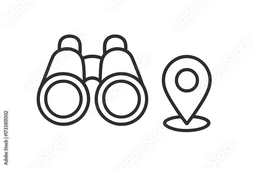 Binoculars with location pin icon. Search for a destination, find a place concept. Exploration, discovery, travel, tourism. Navigation and local search symbol. Vector line art.