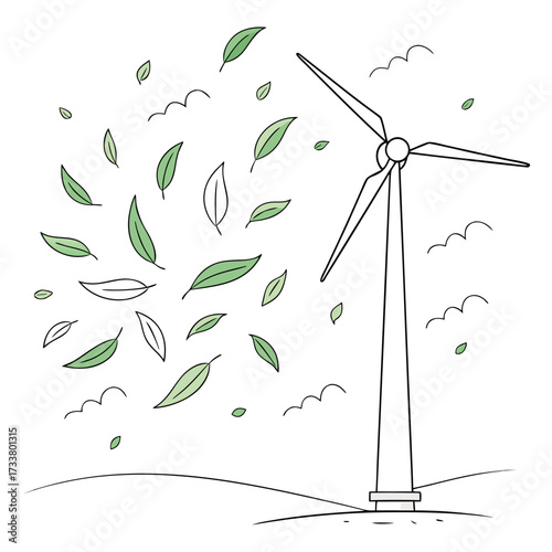 Stylized illustration of a wind turbine generating clean energy surrounded by falling green leaves and wavy lines representing wind