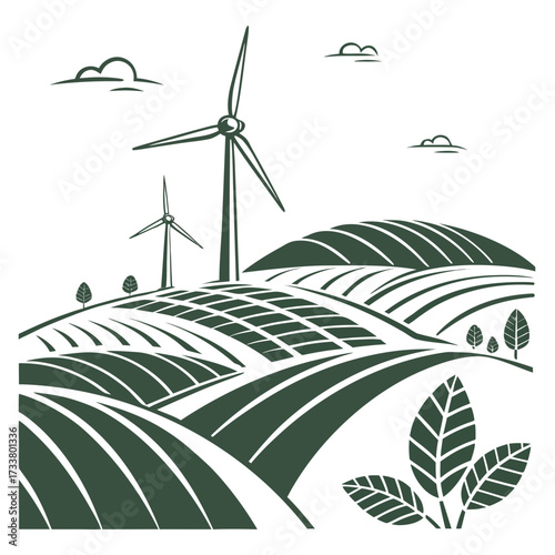 Stylized illustration of rolling green hills with wind turbines and agricultural fields under a cloudy sky