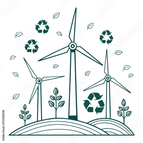 Stylized illustration of wind turbines and recycling symbols in a green landscape with leaves