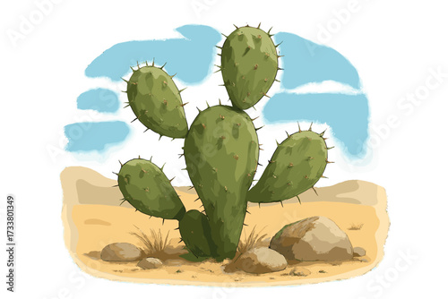 Realistic prickly pear cactus in a desert landscape. Opuntia plant with thorns in a sandy habitat with rocks. Vector illustration for concepts of western, nature, Mexico, or Arizona.