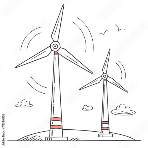 Stylized illustration of two wind turbines in a field with birds and clouds under a clear sky