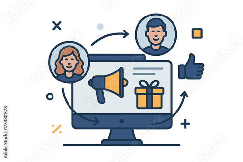 Referral program, affiliate marketing concept. Invite friends and earn prizes. Customer acquisition strategy. Online business promotion with rewards. Digital loyalty network vector.