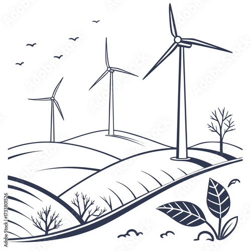 Stylized illustration of wind turbines on rolling hills with birds flying in the sky symbolizing renewable energy