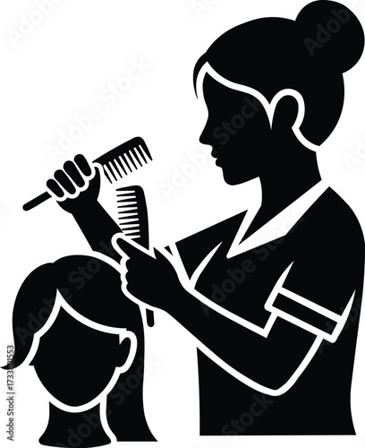 Stylized black silhouette of a female hairdresser expertly cutting and styling a client s hair with combs and scissors representing salon services and beauty treatments silhouette