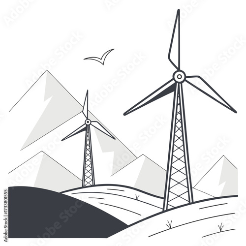 Stylized illustration of wind turbines on rolling hills with mountains and a bird in the sky
