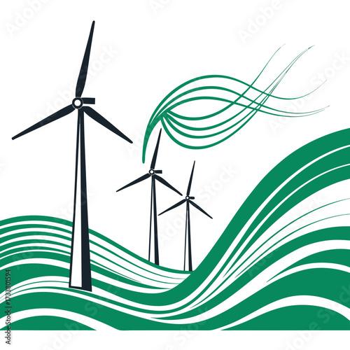 Stylized wind turbines generating clean energy on a green wavy landscape under a flowing green wind pattern