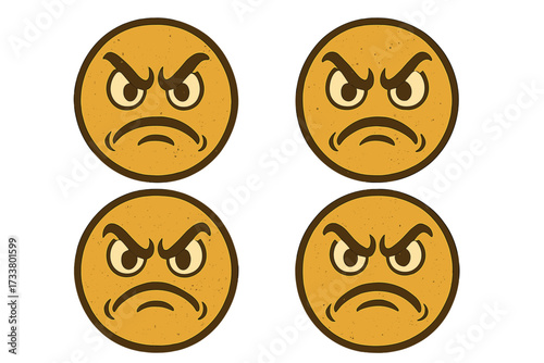 Set of retro angry face emoticons. Vintage furious smiley emoji vector icons. Mad character expression illustration. Old school distressed sticker pack for bad mood concept.