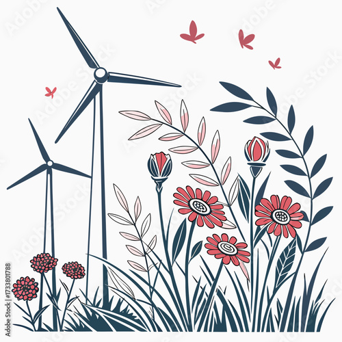Wind turbines stand tall amidst a vibrant garden of blooming flowers and delicate butterflies