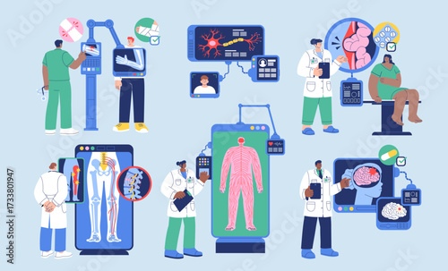 Doctors Examining Patients with Medical Anatomy Scanners and Nervous System Flat Original Set