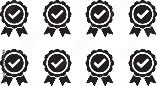 Vector Silhouette Icons of Award Badges with Checkmarks for Certification
