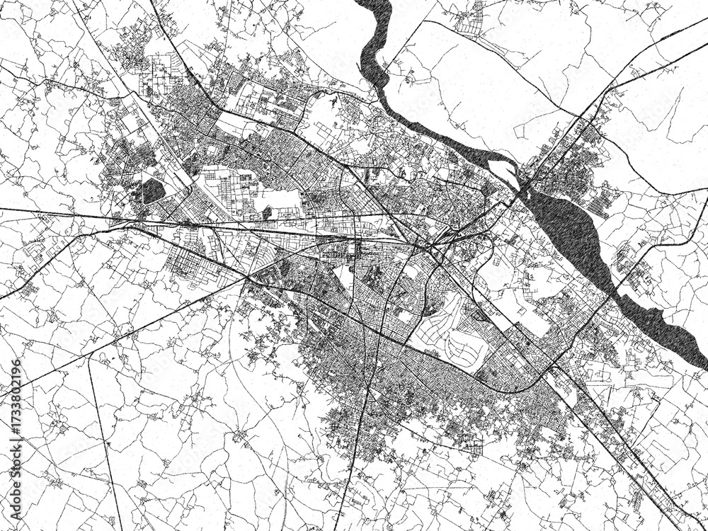 Naklejka premium Detailed artistic sketch map of Kanpur, India, in monochrome black and white.
