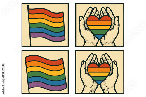 Pride Month vector set of posters. Retro halftone collage with LGBTQ rainbow flag and heart in hands. Support, love, and equality concept. Human rights and tolerance.