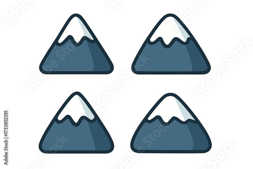 Mountain icon set vector. Simple flat cartoon symbol collection. Snowy peak logo for travel and adventure. Winter nature landscape sign. Summit, alps, rock emblem for hiking.