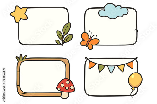 Cute cartoon doodle frames set. Collection of hand-drawn text boxes for kids. Nature and party themes with star, leaf, butterfly, mushroom, balloon. Vector for stickers.