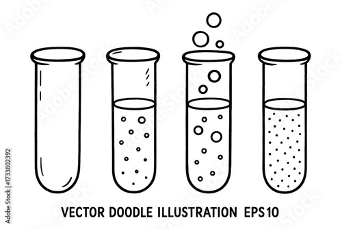 Vector set of lab test tubes. Doodle icons for chemistry, science, medicine. Chemical reaction, experiment phases, research analysis. Empty, liquid, bubbles, precipitate.