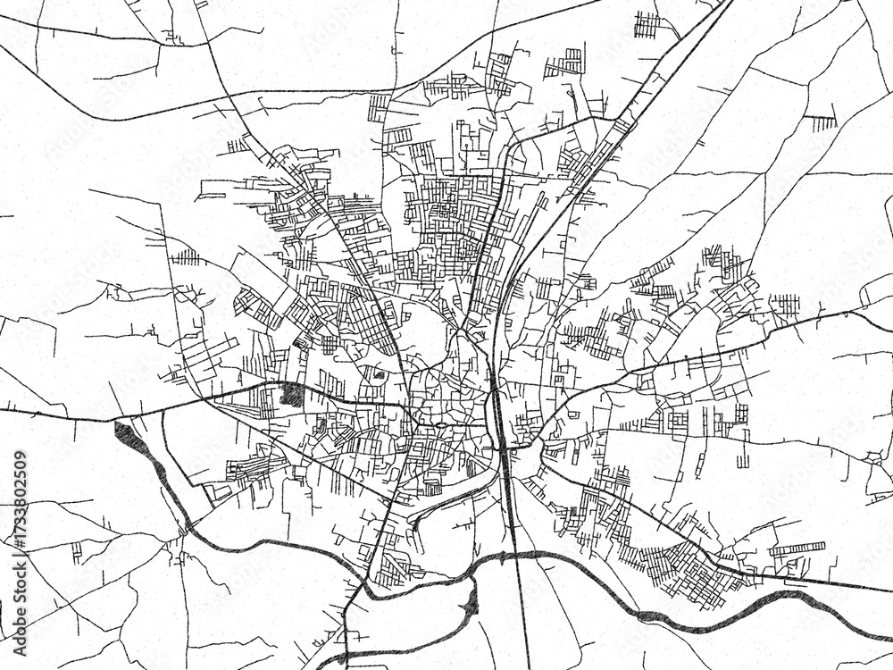 Naklejka premium Black and white cartographic illustration of Khandwa, India, in hand-drawn sketch form.