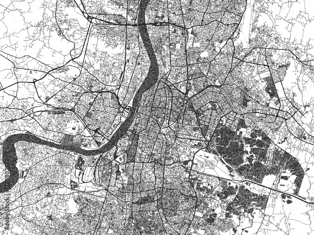 Fototapeta premium Poster-ready monochrome city map of Kolkata, India, with detailed streets and rivers.