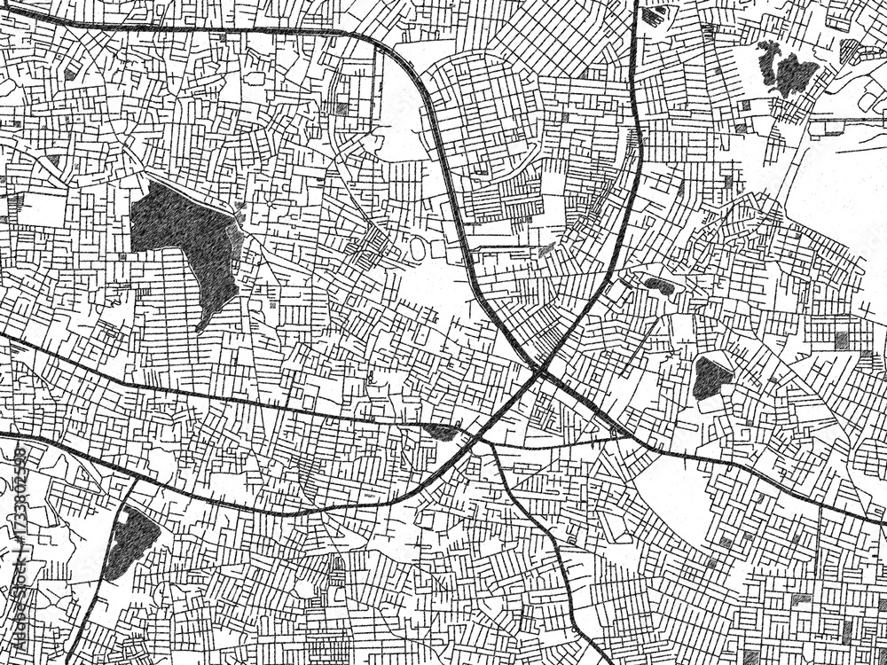 Fototapeta premium Poster-ready monochrome city map of Lal Bahadur Nagar, India, with detailed streets and rivers.