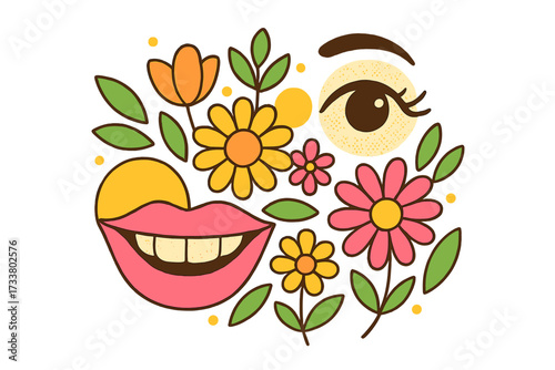 Spring vibes retro collage with smiling lips, happy eye, and flowers. Halftone textured vector art for good mood concepts. Positive emotion and abstract floral face illustration.