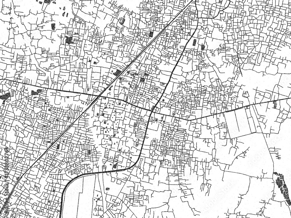 Obraz premium Black and white illustrated map of Madhyamgram, India, with streets, rivers, and neighborhoods.