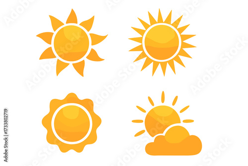Sun icon set. Vector suns collection. Yellow sunshine symbol. Summer graphic element. Sunny weather. Heat, light, sunrise, sunset concept. Abstract solar logo for web, app.