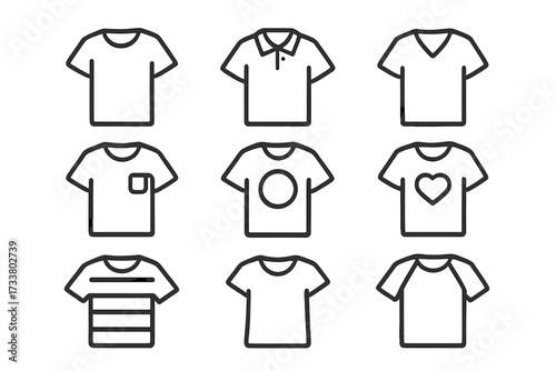 T-shirt and polo line icon collection. Vector shirts, v-neck, striped, pocket tee. Simple apparel and clothing symbols for web and app design. Editable stroke isolated graphic.