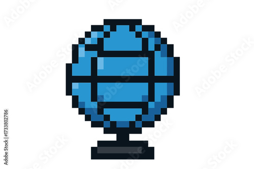 Pixel art globe icon. 8 bit world earth symbol. Retro video game asset. Vector illustration of planet map. Global business, geography education, international travel concept.