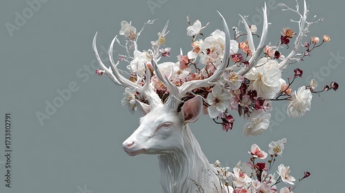 A magical deer with antlers blooming with flowers