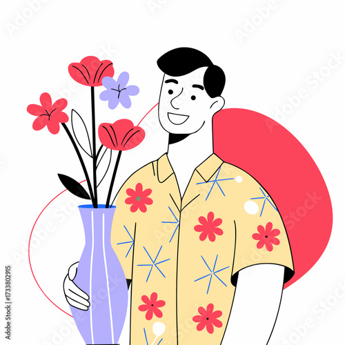 young man with flowers