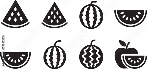Watermelon Fruit Vector Icons Collection with Seeds and Slice Designs