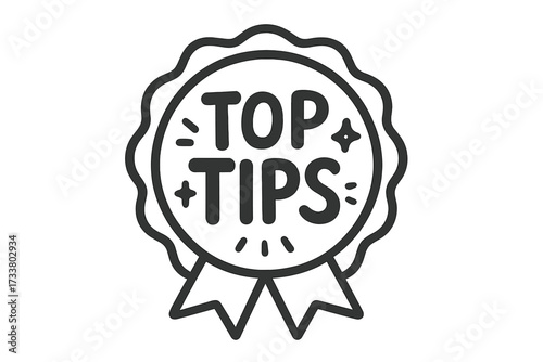 Top tips badge icon. Best practice advice and recommendation label. Helpful hint and solution sticker. Information symbol and knowledge guide. Quick idea doodle line art emblem.
