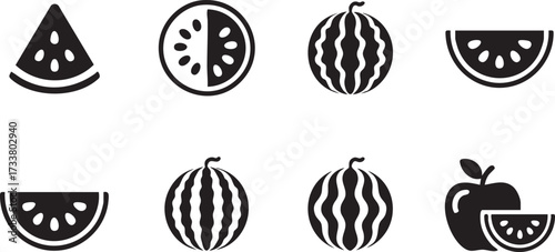 Black Silhouette Icons of Watermelon Fruits and Slices Vector Collection